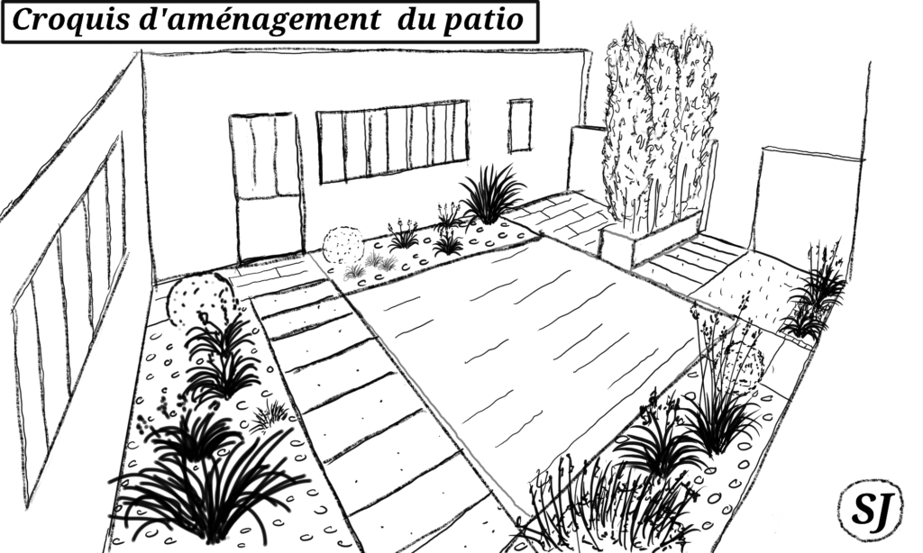 Croquis en 3D d'un aménagement paysager d'un patio en phase préliminaire