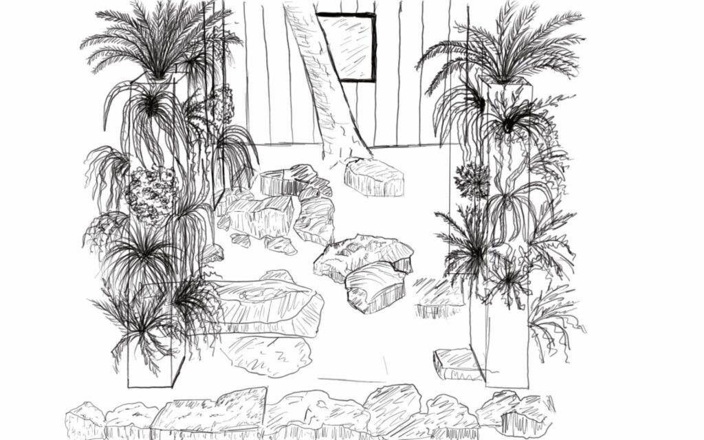 Exemple de conception de jardin représenté sous forme de croquis