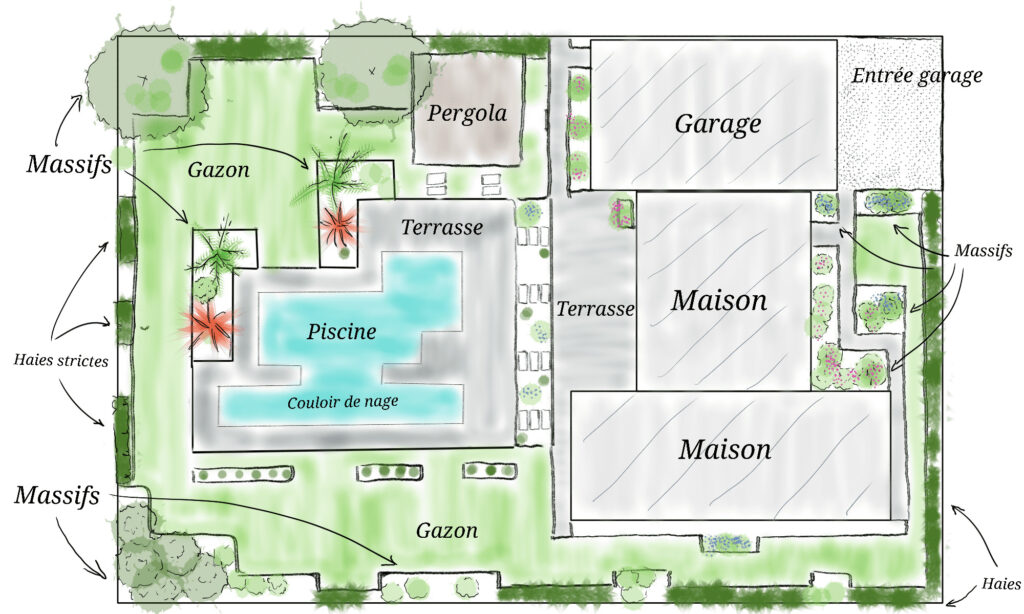 Plan croquis maison moderne avec piscine