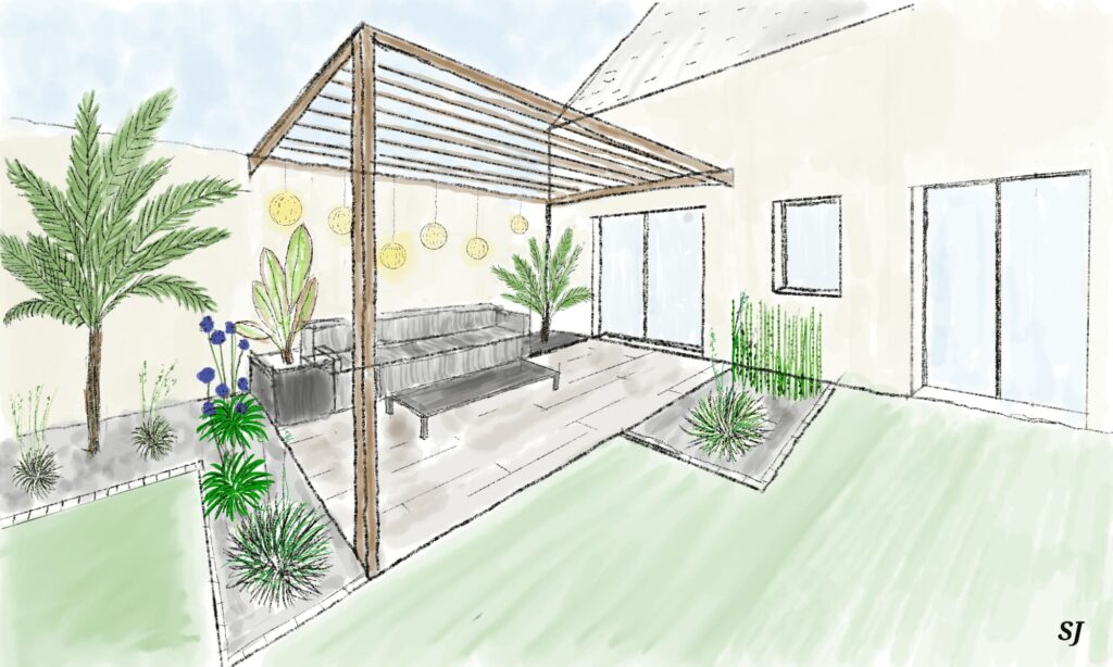 Dessin d'un aménagement d'une terrasse avec pergola par Singularité Jardin